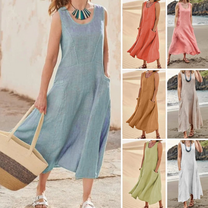 🌈👗【7 barev, S-5XL】💖 Nové elegantní jednobarevné šaty bez rukávů s kulatým výstřihem z bavlny a lnu na léto 2026.