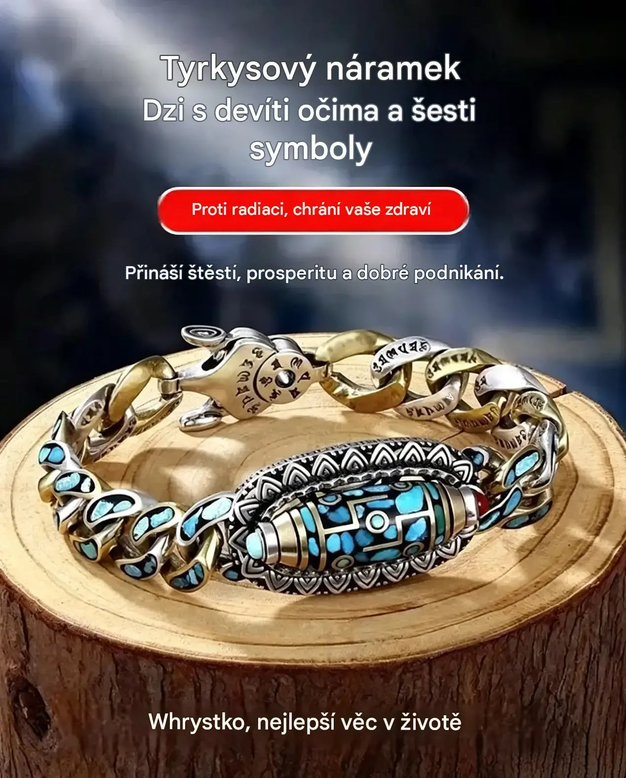 ✨Stříbrný náramek 925 s vintage tyrkysovými šesti znaky s nosnými korálky