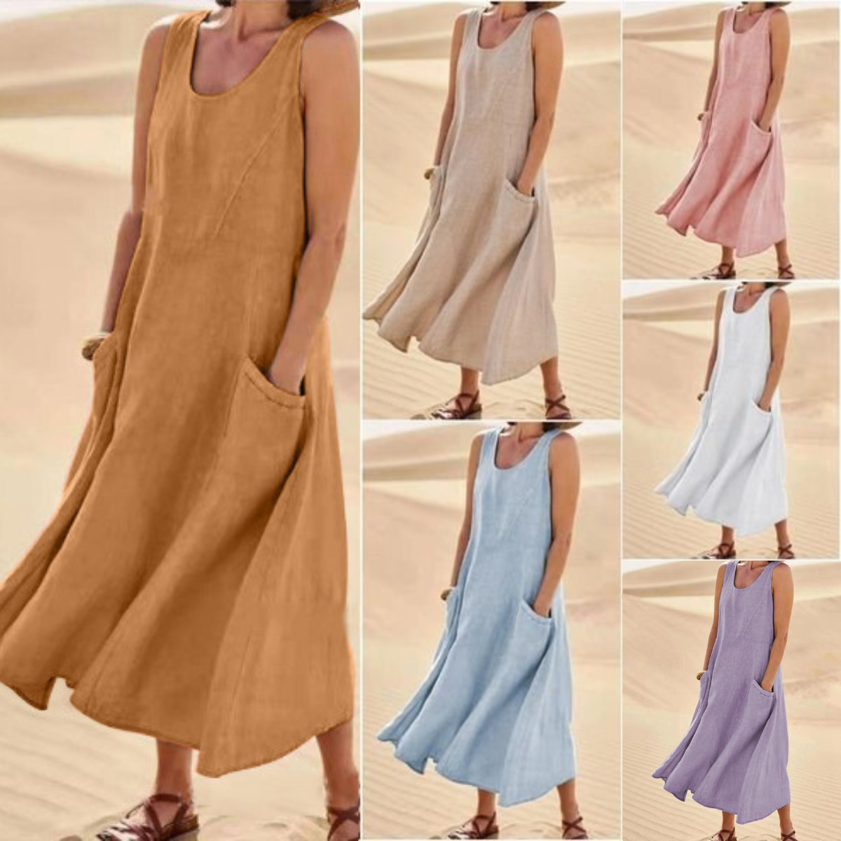 🌈👗【7 barev, S-5XL】💖 Nové elegantní jednobarevné šaty bez rukávů s kulatým výstřihem z bavlny a lnu na léto 2026.