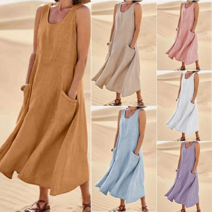 🌈👗【7 barev, S-5XL】💖 Nové elegantní jednobarevné šaty bez rukávů s kulatým výstřihem z bavlny a lnu na léto 2026.