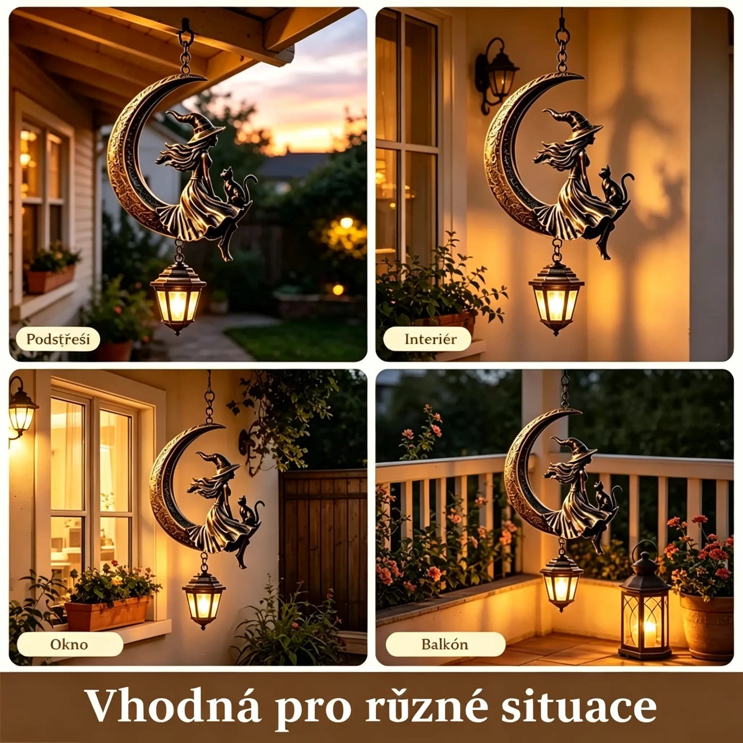 Rumunština: Závěsná zahradní lucerna s čarodějnicí na Měsíci a kočkou – vintage dekorace s LED světlem, vodotěsná na zahradu, terasu a Halloween