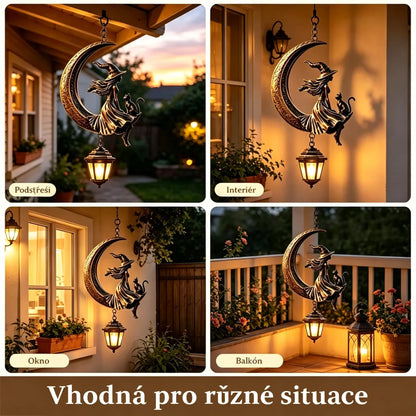 Rumunština: Závěsná zahradní lucerna s čarodějnicí na Měsíci a kočkou – vintage dekorace s LED světlem, vodotěsná na zahradu, terasu a Halloween