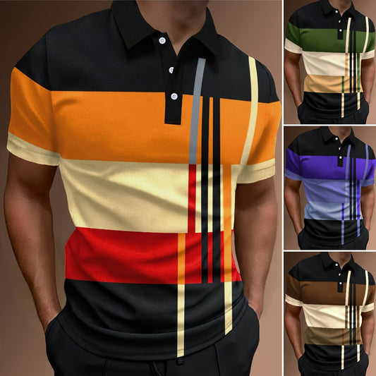🔥👔【S-6XL】Męska koszulka POLO 3D w kolorowe paski-3694657