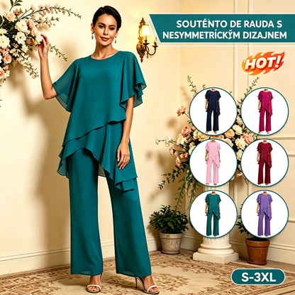 Elegantní šifonový set: asymetrický top s volánky a kalhoty s širokými nohavicemi – sofistikovaný outfit na společenské události, velikosti S–3XL