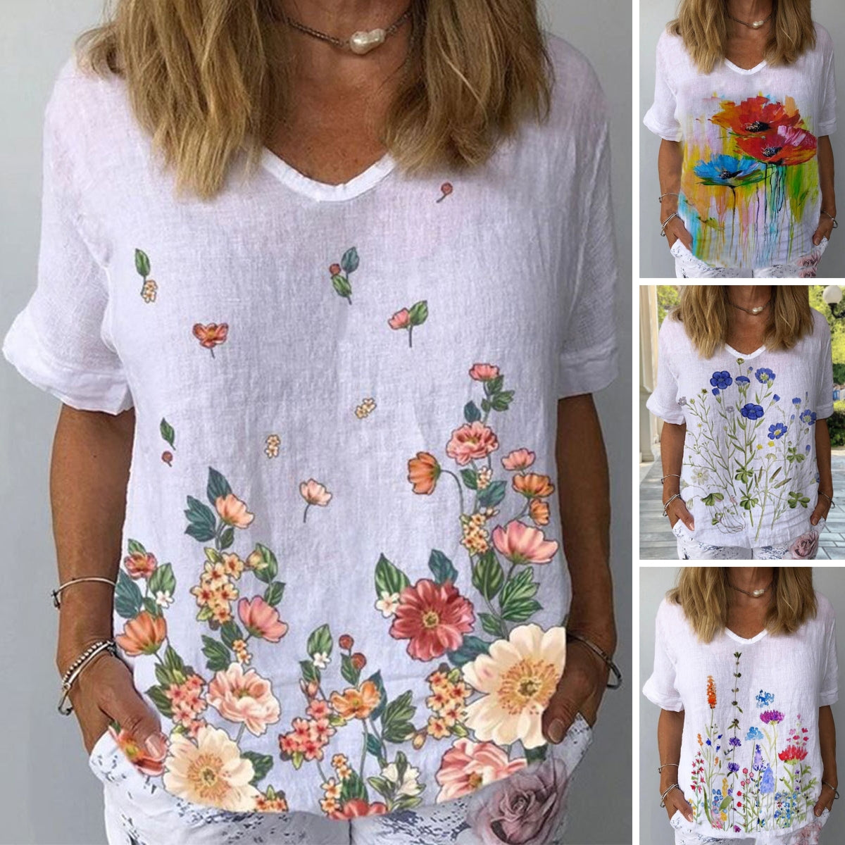 💐🌈T-shirt z krótkim rękawem i bawełnianą lnianą nadrukiem w kwiaty-3984791