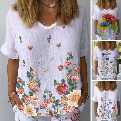 💐🌈T-shirt z krótkim rękawem i bawełnianą lnianą nadrukiem w kwiaty-3984791