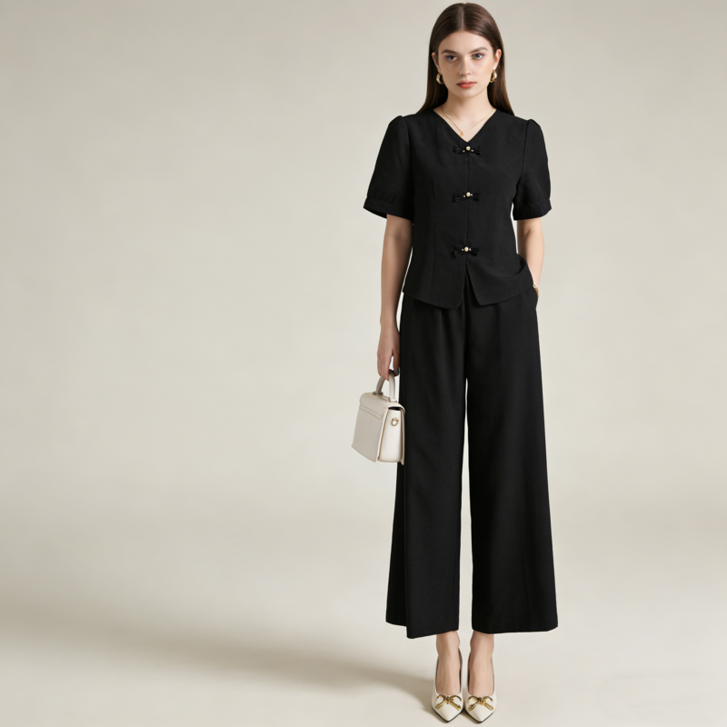 🌸【M-5XL】 Tavaszi divatos jégselyem női szett – Felső + bő szárú nadrág