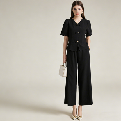 🌸【M-5XL】 Tavaszi divatos jégselyem női szett – Felső + bő szárú nadrág