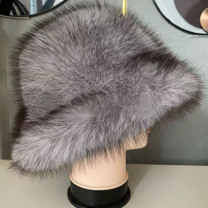 Ciepła damska czapka jesienno-zimowa z dużym rondem i kopułą, futro z lisa-4224357