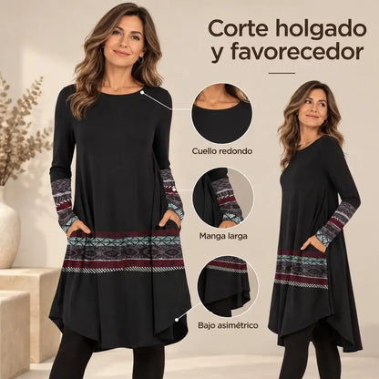 👗Poslední den – sleva 50 %【S–5XL】Dámské podzimní a zimní šaty s retro potiskem ve větších velikostech, lichotivý střih