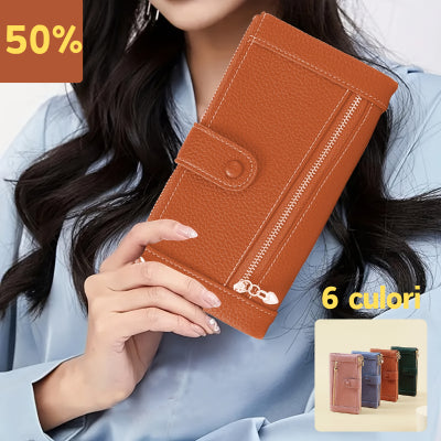 💰[Kup 1, a 1 dostaniesz gratis]Damski portfel z prawdziwej skóry w stylu retro z wieloma miejscami na karty, z podwójnym zamkiem błyskawicznym-3908968
