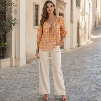 👚 Dámská boho košile – puntíky, volány, žebrované manžety 🌸 Lehká, prodyšná, měkká jako bavlna – ideální na léto! ✨