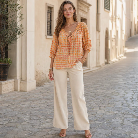 👚 Dámská boho košile – puntíky, volány, žebrované manžety 🌸 Lehká, prodyšná, měkká jako bavlna – ideální na léto! ✨