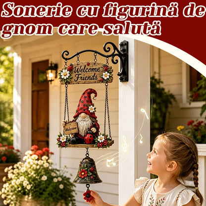Uvítací zvonek se zahradním trpaslíkem, plaketa „Uvítací“, retro bronzový zvonek, železný nástěnný držák, dekorace na zahradu a terasu