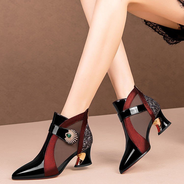 【34-43】Primavera nueva moda hueco de malla botas de tacón alto