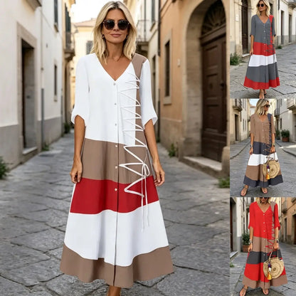 ⏳ Poslední den 50% sleva 【S–5XL】 Nové módní dámské šaty s kontrastními barvami, výstřihem do V a přiléhavým střihem, pohodlné a snadno kombinovatelné.