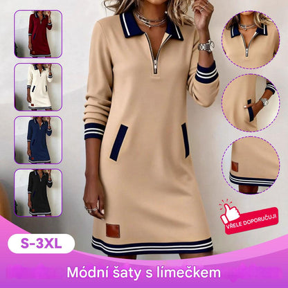 👗 Nová zimní šaty – casual styl, s knoflíkovým zapínáním ⚡, s košilovým límcem, dlouhými rukávy ✨ a kapsami v blokových barvách 4200029