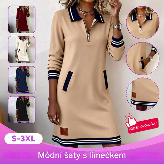 👗 Nová zimní šaty – casual styl, s knoflíkovým zapínáním ⚡, s košilovým límcem, dlouhými rukávy ✨ a kapsami v blokových barvách 4200029