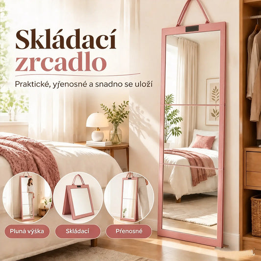 👗👜 Skládací přenosné zrcadlo na celou postavu, ideální na cesty, s praktickým držadlem a ochranným plstěným pouzdrem odolným proti nárazům, design ve stylu kabelky ✨
