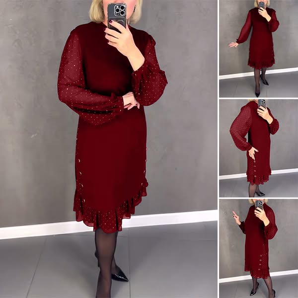 🔥👗【S～5XL】Nova modna enobarvna obleka z dolgimi rokavi in širokimi naborki 4141548