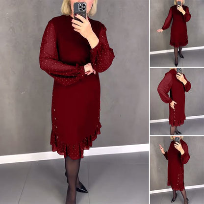 🔥👗【S～5XL】Nova modna enobarvna obleka z dolgimi rokavi in širokimi naborki 4141548