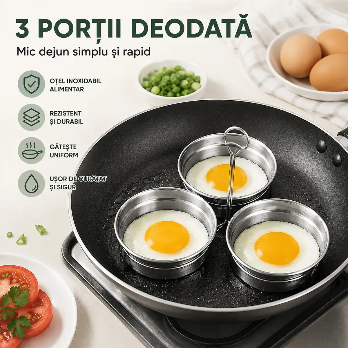 Nerezová pánev na vejce na ztracená a smažená vejce – sada 3 dutin ve tvaru srdce/kruhu, ideální na snídani, pudinky a koláče 🍳🍳🍳