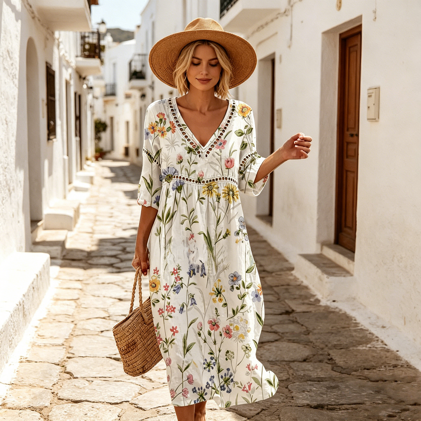 Új 👗【S-3XL】Nyári V-nyakú, mintás pamut-len hosszú ruha