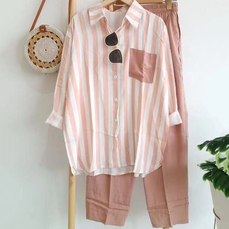 ⏳✨【S-5XL】Nová módní ležérní souprava (pruhovaná košile s potiskem + kalhoty)