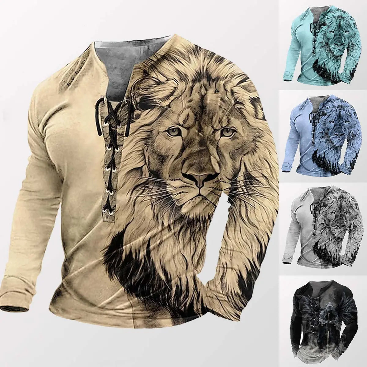 🦁🦁🦁 Pánské volné tričko s dlouhým rukávem a 3D potiskem