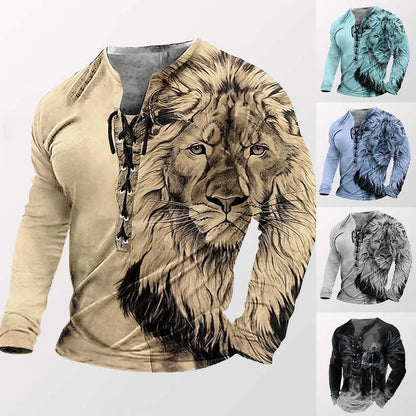 🦁🦁🦁 Pánské volné tričko s dlouhým rukávem a 3D potiskem