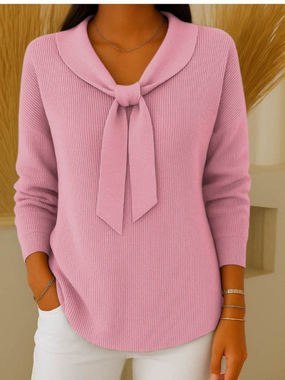 Dámský jednobarevný svetr s dlouhým rukávem a zavazováním v pase (S-2XL), ležérní a volný střih 4170826