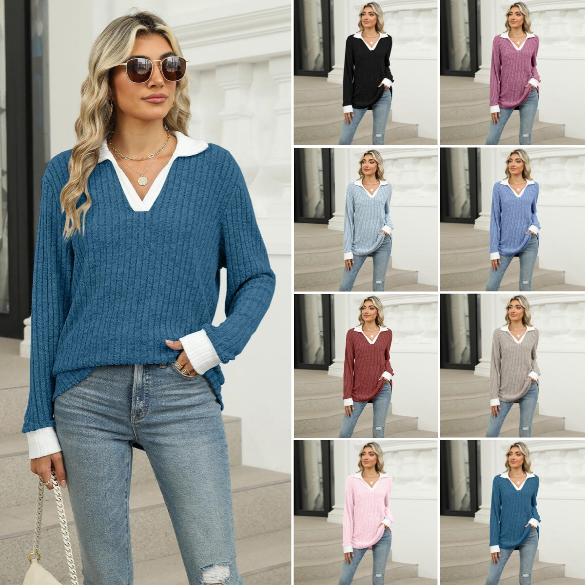 【S-2XL】Nový dámský volný top s dlouhým rukávem a límečkem 4187100