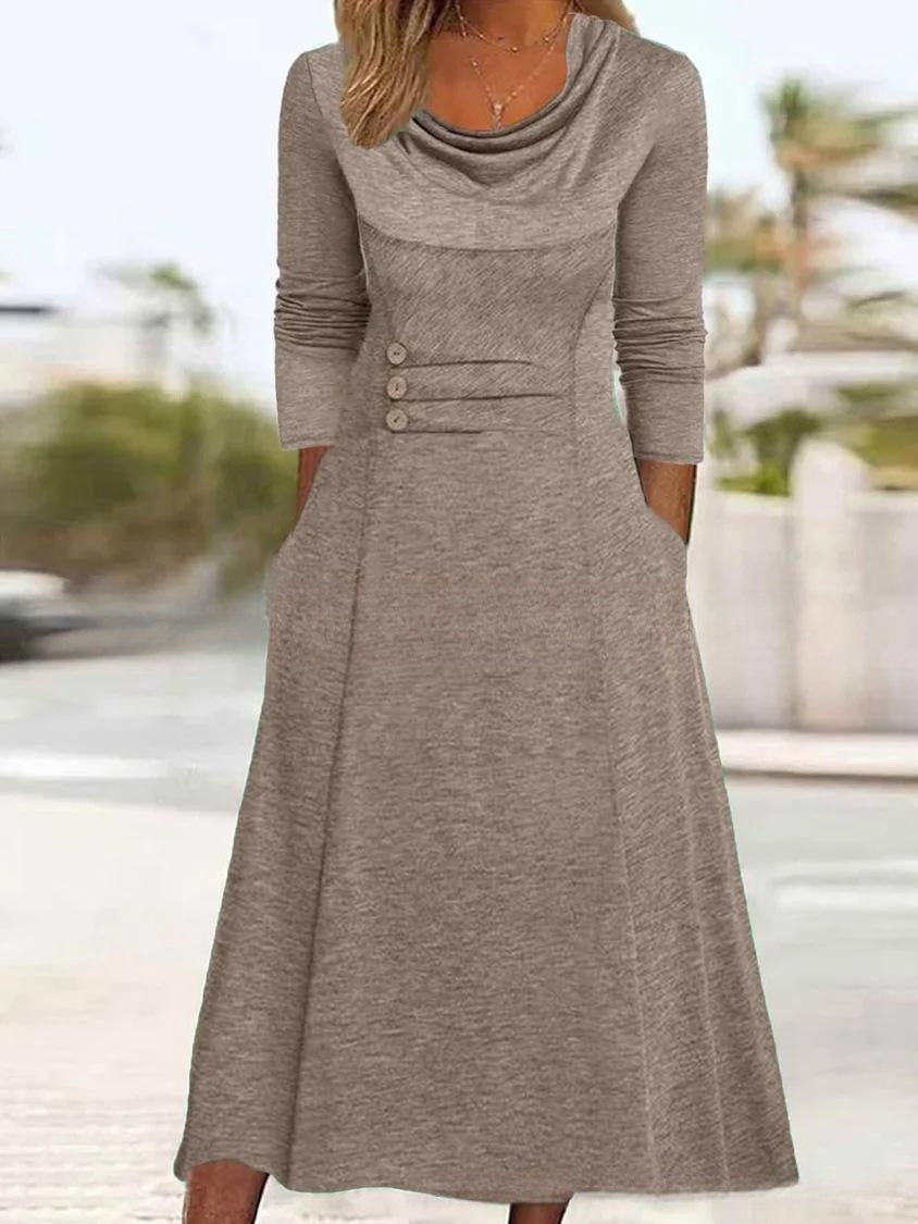 【S-3XL】Nowa jesienna sukienka w jednolitym kolorze z okrągłym dekoltem i kieszenią w talii zapinaną na guziki