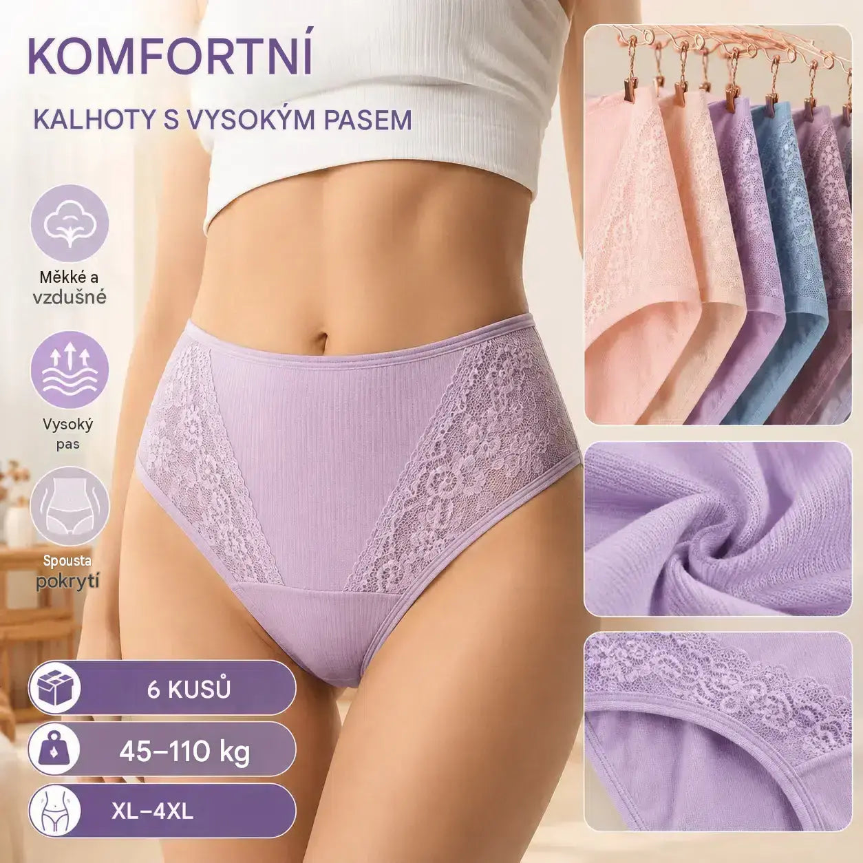 🔥🩲【6 kusů 640 Kč】Poslední den - sleva 50 % - Antibakteriální kalhotky s vysokým pasem pro kontrolu bříška