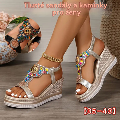 💖【35-43】✨Dámské kožené sandály s tlustou podrážkou a gumičkou s korálky, léto 2026 🔥 Doprava zdarma. ✅ Platba při doručení