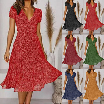 🌈💃【Sleva 50 % 🔥】👗😍 Nové dámské šaty 2026 ve větších velikostech s výstřihem do V a krátkými rukávy, květinové šaty s puntíky ve větších velikostech