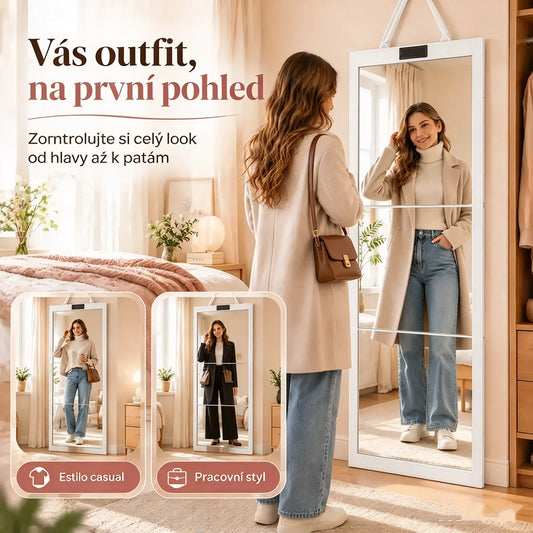 👗👜 Skládací přenosné zrcadlo na celou postavu, ideální na cesty, s praktickým držadlem a ochranným plstěným pouzdrem odolným proti nárazům, design ve stylu kabelky ✨