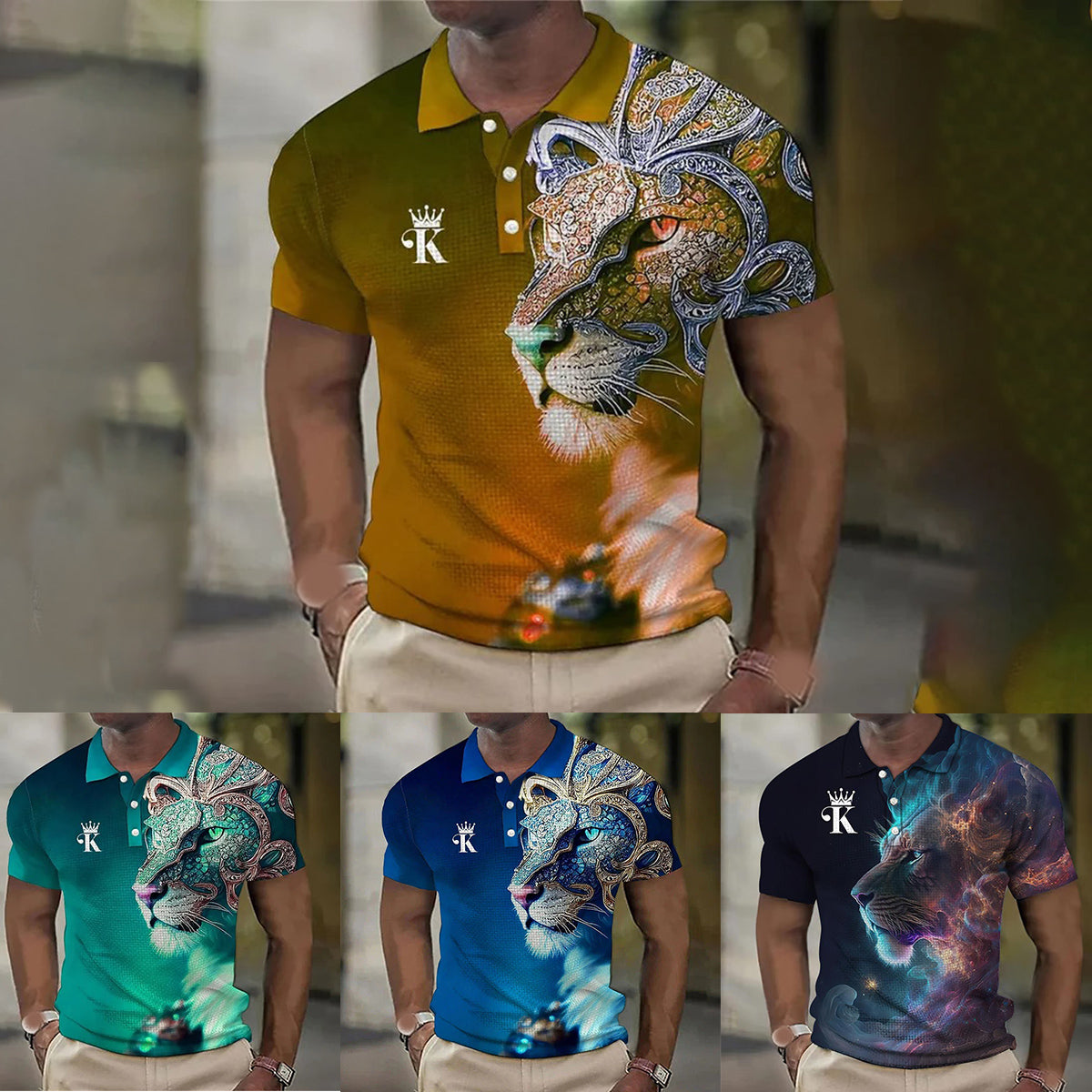 【Novi modeli sniženi 45%.】【S-6XL】Męska koszulka polo z nadrukiem 3D z lwem-3919209