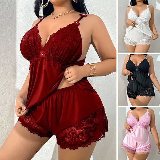 👗【S-3XL】🌸 Pyžamový set: Top bez rukávů a krajkové kraťasy — nastavitelná ramínka a výstřih do V 🛏️✨