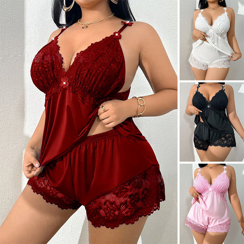 👗【S-3XL】🌸 Pyžamový set: Top bez rukávů a krajkové kraťasy — nastavitelná ramínka a výstřih do V 🛏️✨