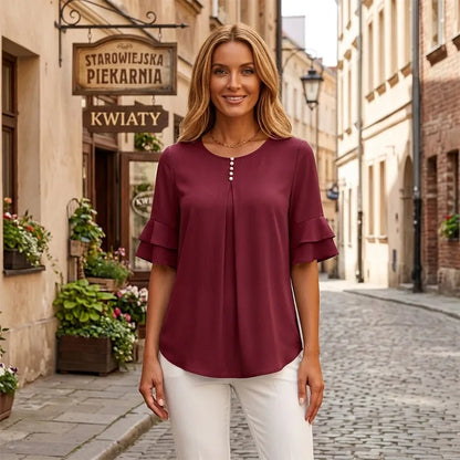 🍁【S-3XL】💥Elegantní šifonová halenka s volánky a rukávy pro ženy | Ležérní kancelářská košile s ozdobnými knoflíky, volný a vzdušný střih