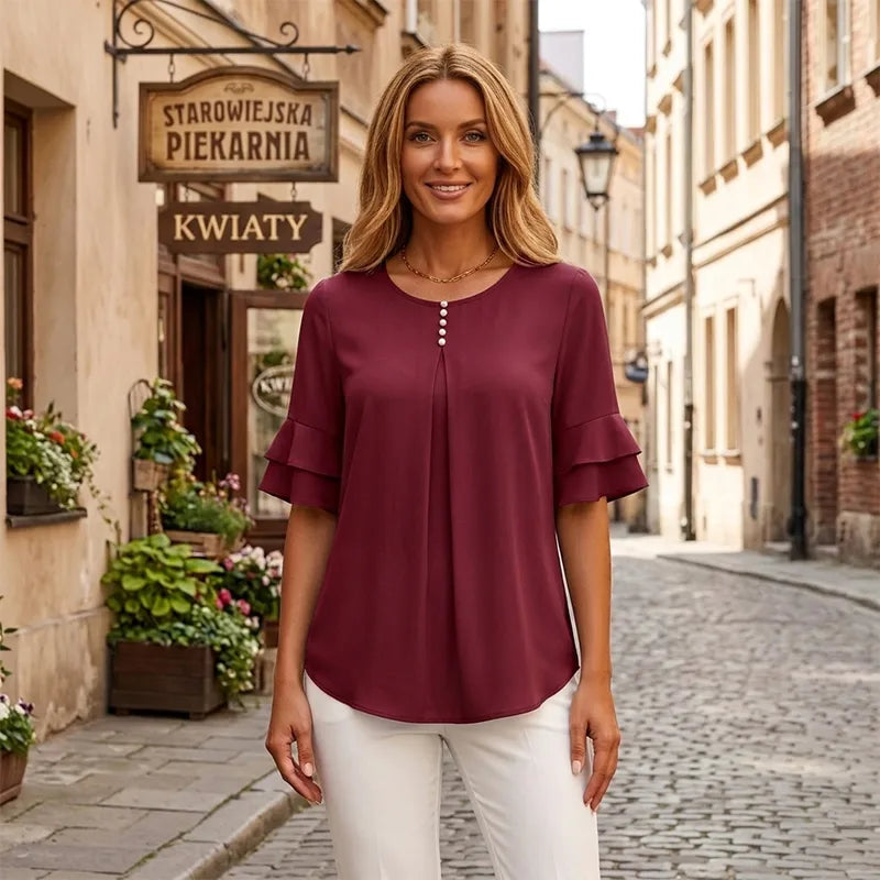 👕【S-3XL】Elegáns női sifon blúz fodros ujjal | Hétköznapi, irodába is ideális, díszítőgombokkal, bő és légáteresztő szabással