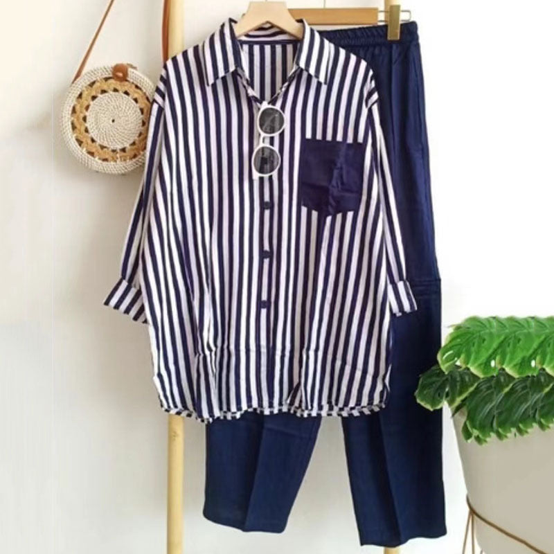 ⏳✨【S-5XL】Nová módní ležérní souprava (pruhovaná košile s potiskem + kalhoty)