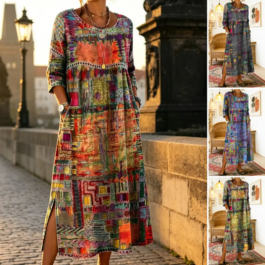 ✨ Poslední den slevy 50 %!【S-5XL】Letní retro šaty s kulatým výstřihem a potiskem, lehké a prodyšné, zeštíhlující a snadno kombinovatelné.