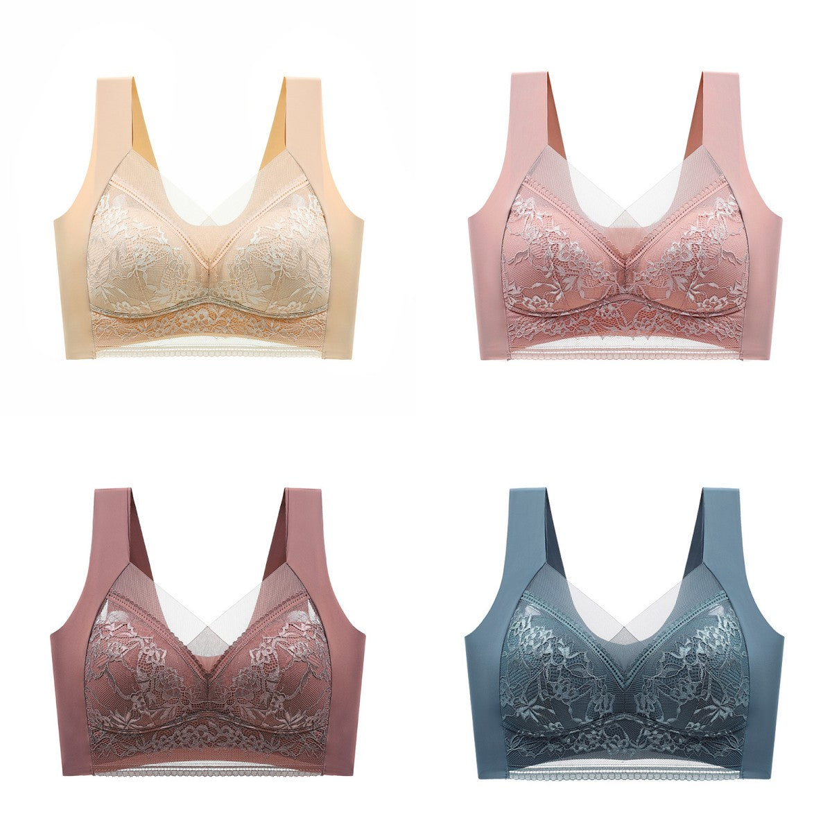 🥰【1 komplet 4 sztuki】👙【40-110 KG】Damski wygodny, bezszwowy koronkowy biustonosz-3891222