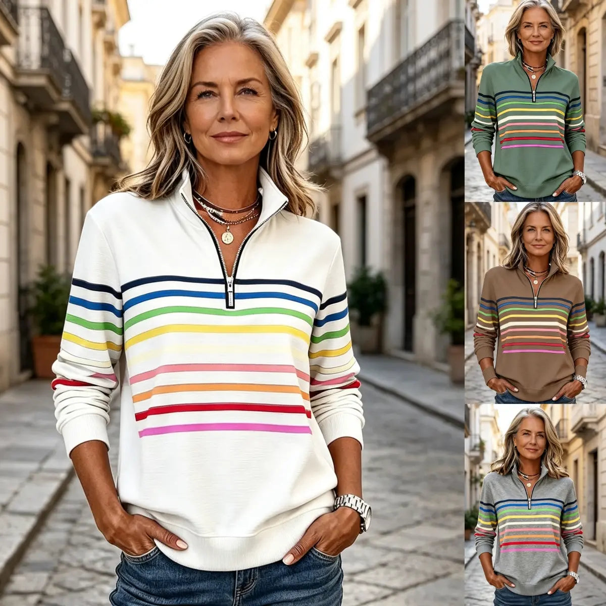 ⏳ Poslední den – sleva 50 % ✨【S–5XL】 Módní volná mikina s duhovými pruhy, límečkem a zipem ✨