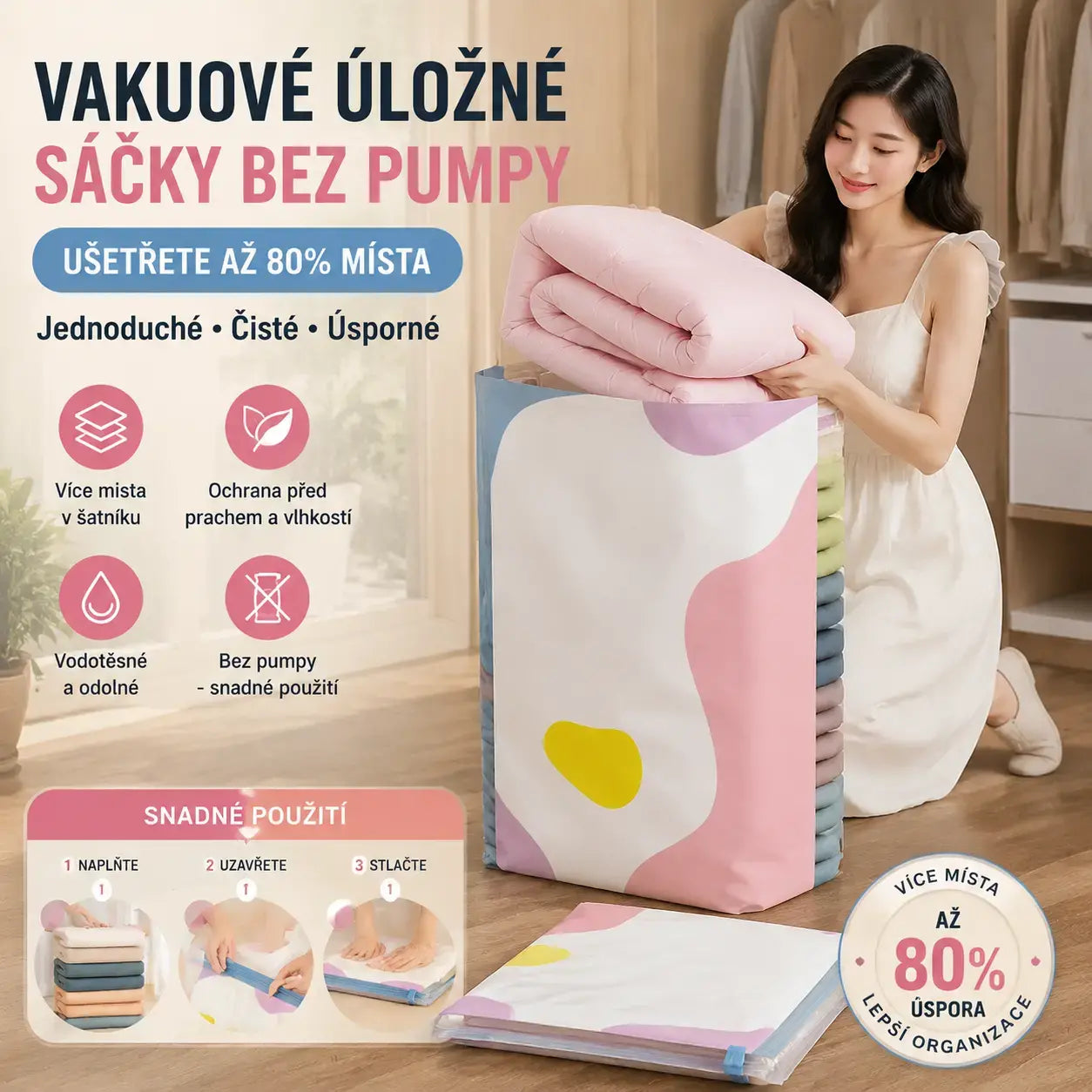👝⏳【Sada 5 kusů】 Velký, stlačitelný vakuový úložný sáček: není potřeba pumpička, nepropustný a ideální pro úsporu místa v kufrech i doma