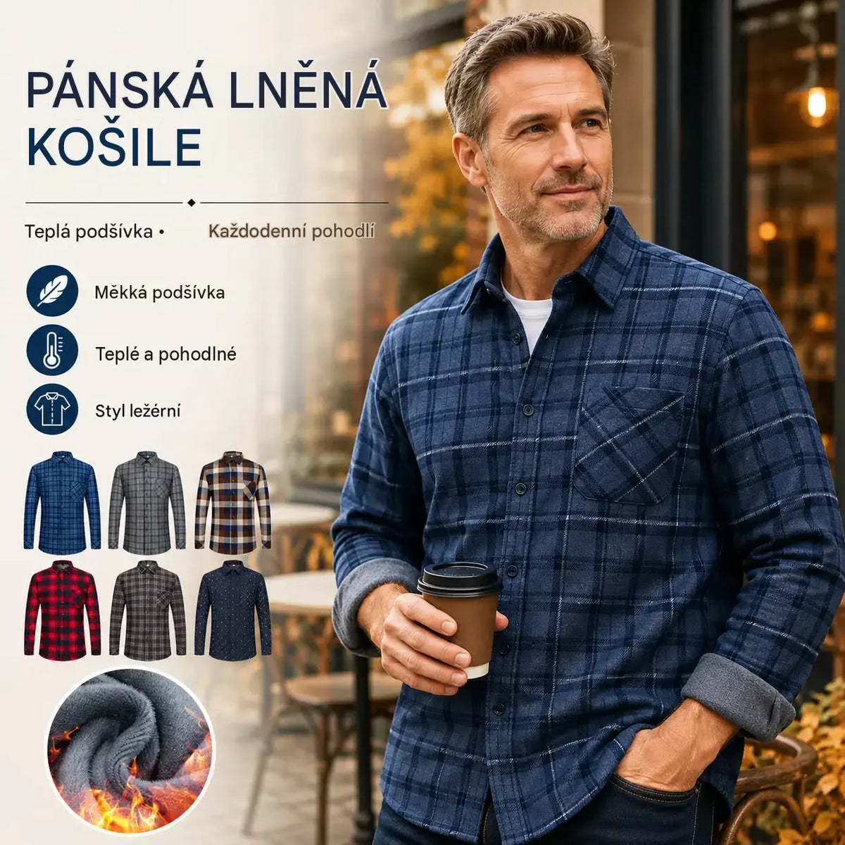 🔥【Poloviční cena】1 kus: 690 Kč 👔【L-5XL】Teplá společenská košile s dlouhým rukávem