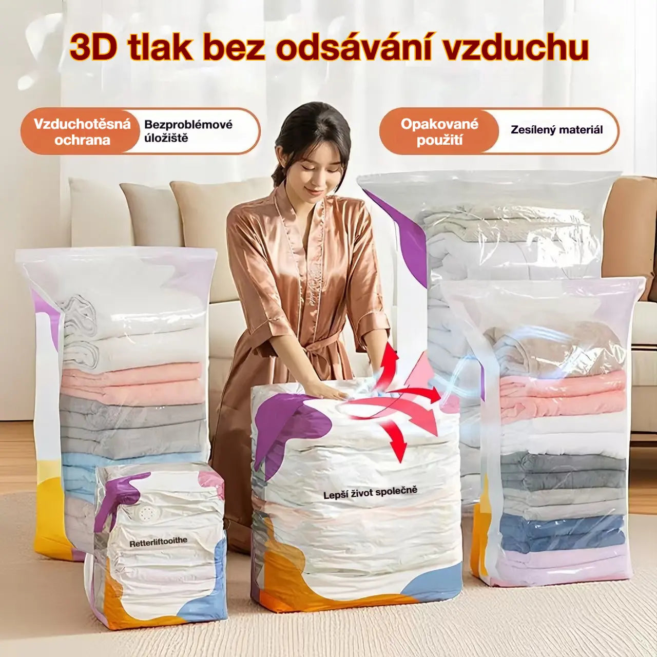 👝⏳【Sada 5 kusů】 Velký, stlačitelný vakuový úložný sáček: není potřeba pumpička, nepropustný a ideální pro úsporu místa v kufrech i doma