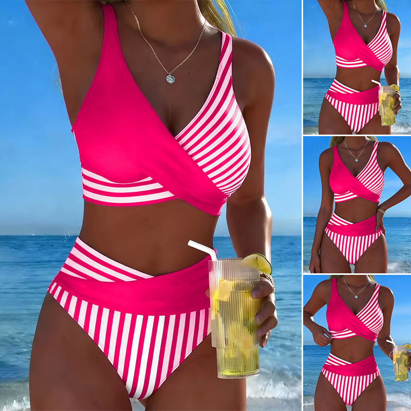 🏊‍♀️【Časově omezená speciální nabídka】❤️‍🔥Dvoudílné, barevné bikiny s bloky a pruhy🌊